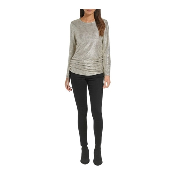 Calvin Klein Metallic Ruched Drawstring Top 3X Gold Shimmer Long Sleeve Stretchy - Picture 4 of 15